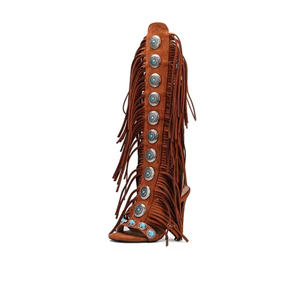 Fringed Brown Knee-High Women's Boots